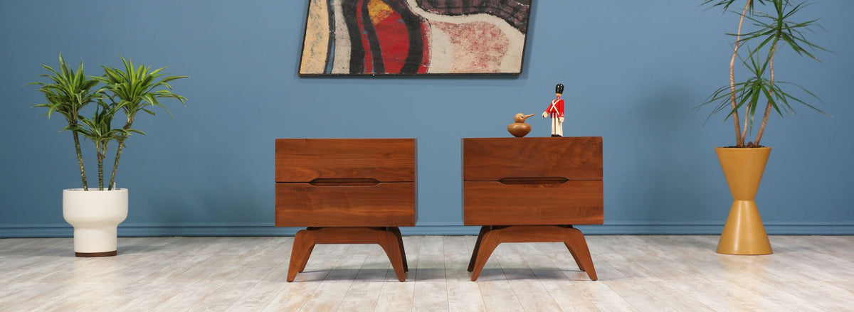 Mid-Century Walnut Night Stands with Sculptural Bases