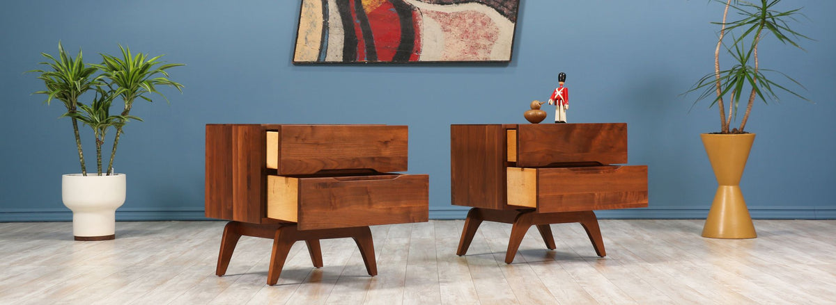 Mid-Century Walnut Night Stands with Sculptural Bases