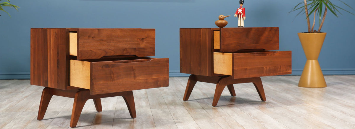 Mid-Century Walnut Night Stands with Sculptural Bases