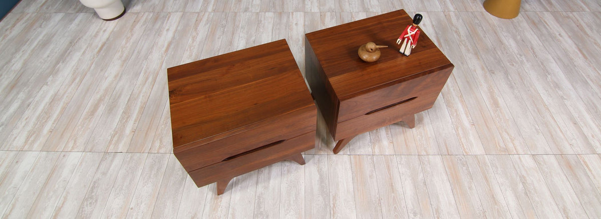 Mid-Century Walnut Night Stands with Sculptural Bases