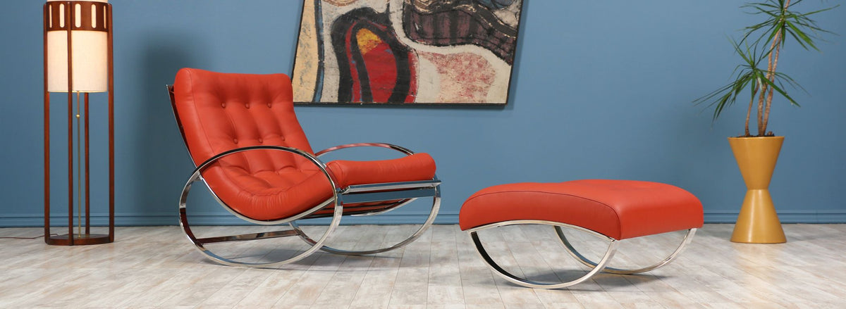 Renato Zevi Chrome & Leather Rocking Chair with Ottoman for Selig