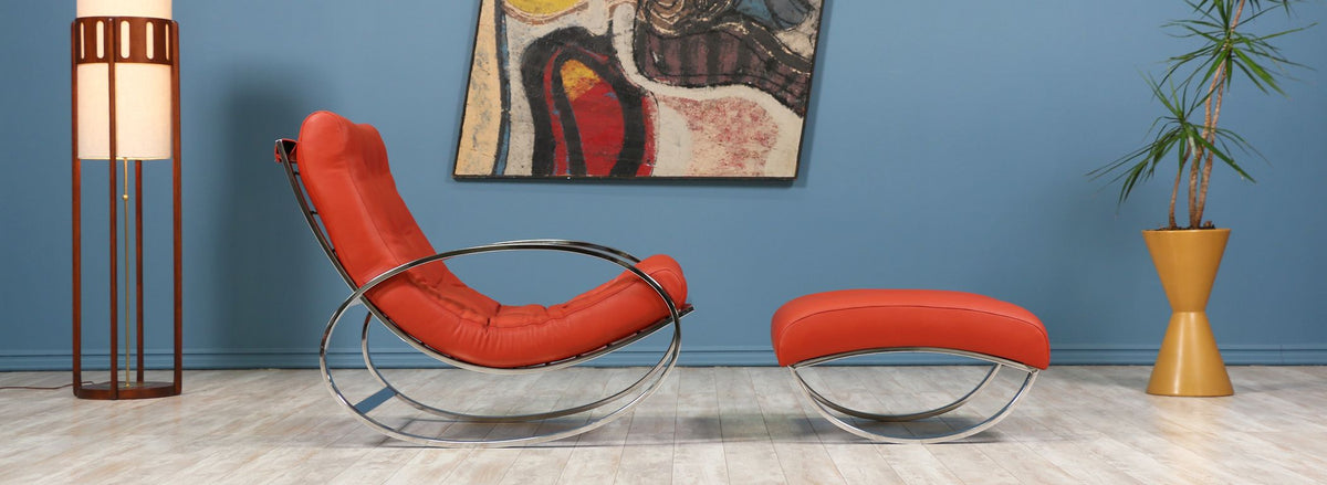 Renato Zevi Chrome & Leather Rocking Chair with Ottoman for Selig