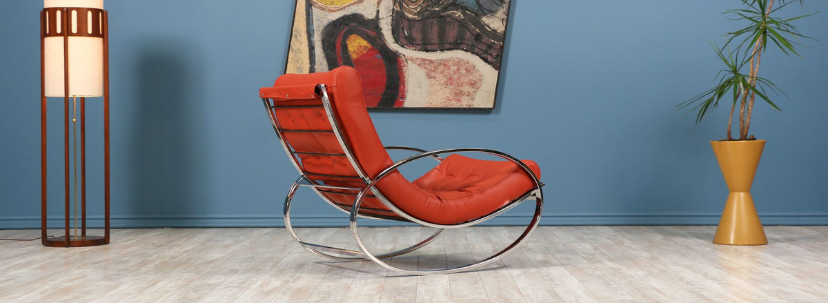 Renato Zevi Chrome & Leather Rocking Chair with Ottoman for Selig