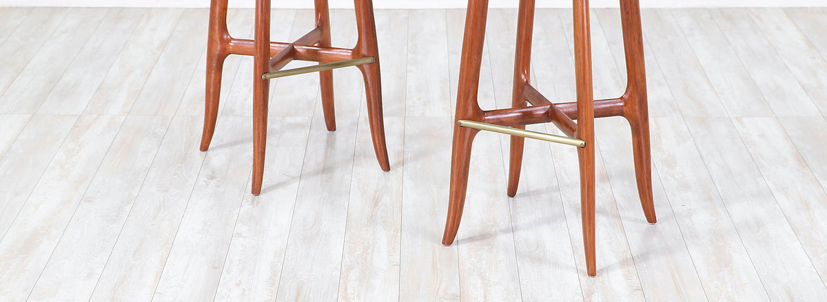 Mid-Century Walnut and Brass Bar Stools