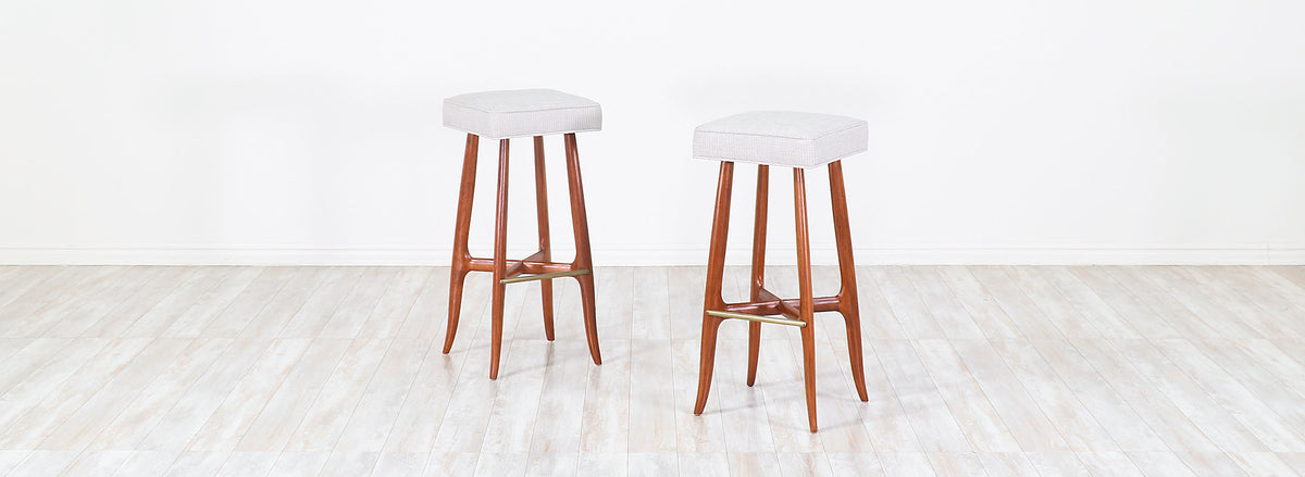 Mid-Century Walnut and Brass Bar Stools