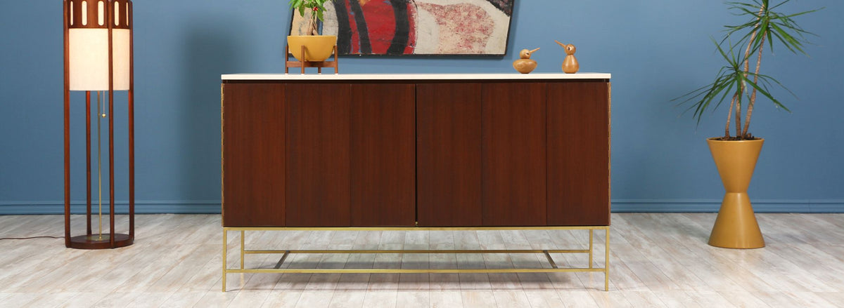 Paul McCobb “Irwin Collection” Credenza with Bi-Folding Doors & Travertine Top