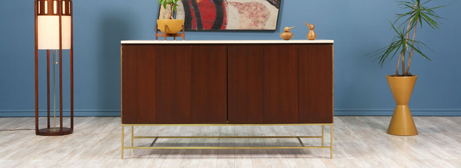 Paul McCobb “Irwin Collection” Credenza with Bi-Folding Doors & Travertine Top