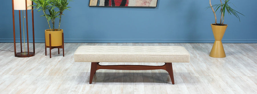 Mid-Century Modern Tufted Bench with Sculpted Walnut Base