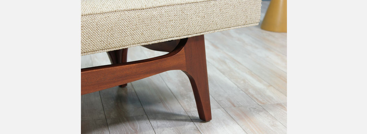 Mid-Century Modern Tufted Bench with Sculpted Walnut Base