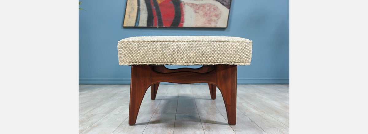 Mid-Century Modern Tufted Bench with Sculpted Walnut Base