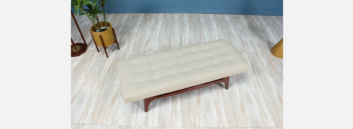 Mid-Century Modern Tufted Bench with Sculpted Walnut Base