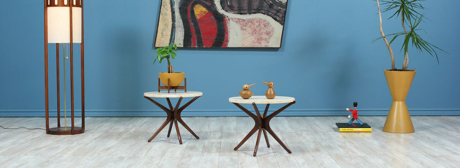 Mid-Century Travertine Top Side Tables with Sculpted Jax Style Bases