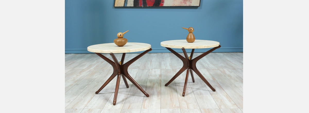 Mid-Century Travertine Top Side Tables with Sculpted Jax Style Bases