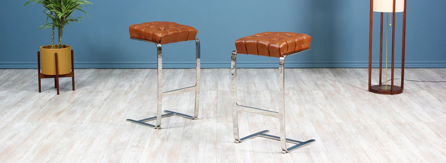 Mies van der Rohe Steel & Leather Tufted Bar Stools for Knoll
