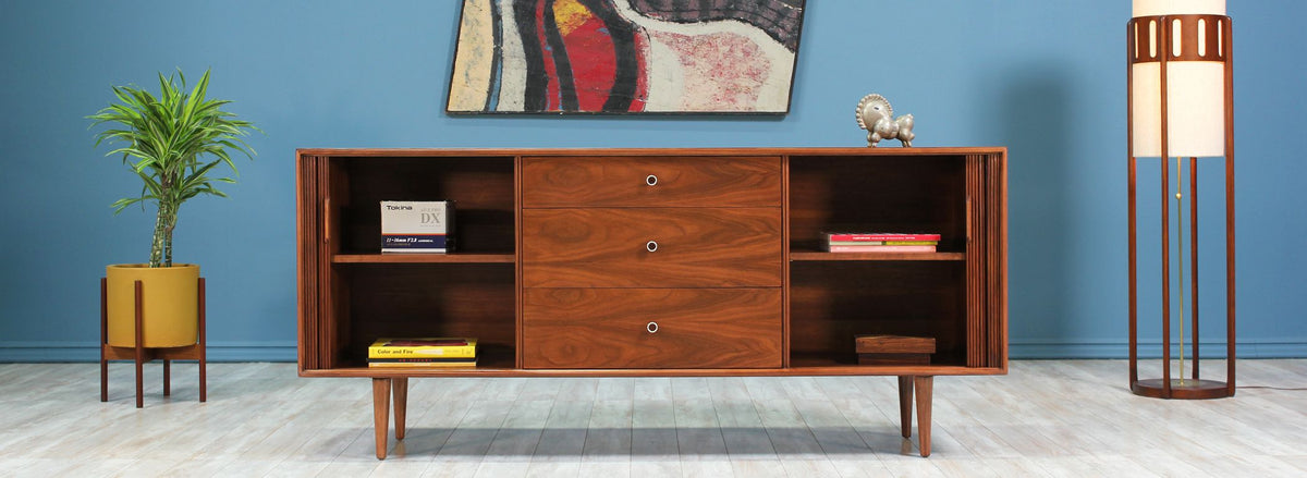 Milo Baughman Tambour-Door Walnut Credenza for Glenn of California