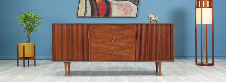 Milo Baughman Tambour-Door Walnut Credenza for Glenn of California