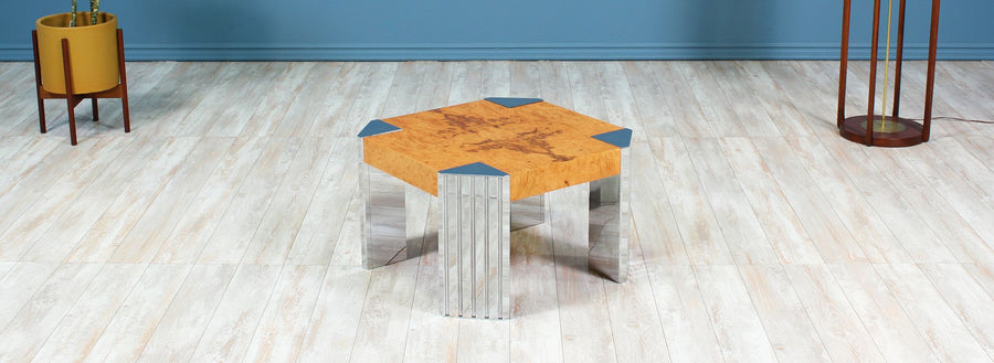 Mid-Century Olive Burl Wood & Chrome Side Table