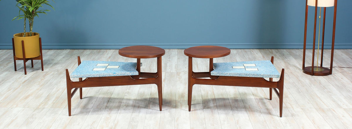 Rare Harvey Probber Blue Terrazo Floating-Top Side Tables 