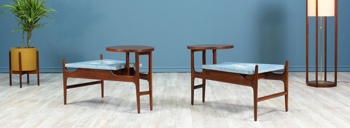 Rare Harvey Probber Blue Terrazo Floating-Top Side Tables 