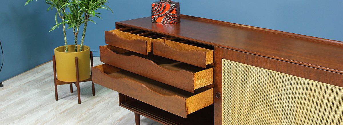 Finn Juhl Walnut & Cane Front Credenza for Baker