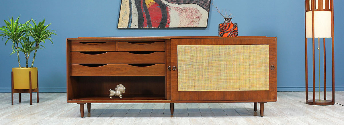 Finn Juhl Walnut & Cane Front Credenza for Baker