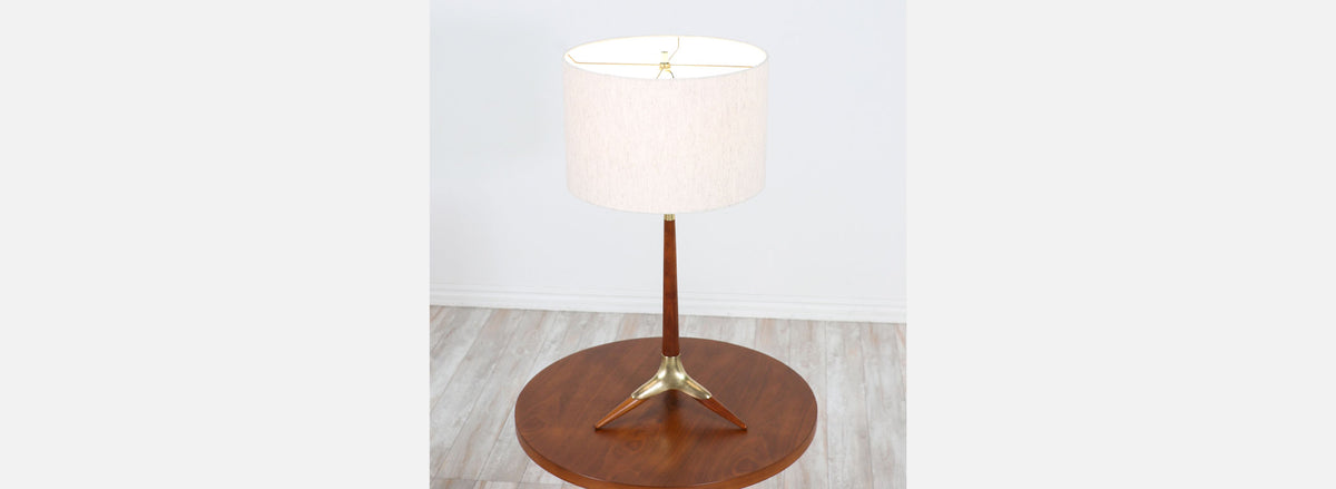Mid-Century Sculpted Walnut & Brass Tripod Table Lamp by Modeline 