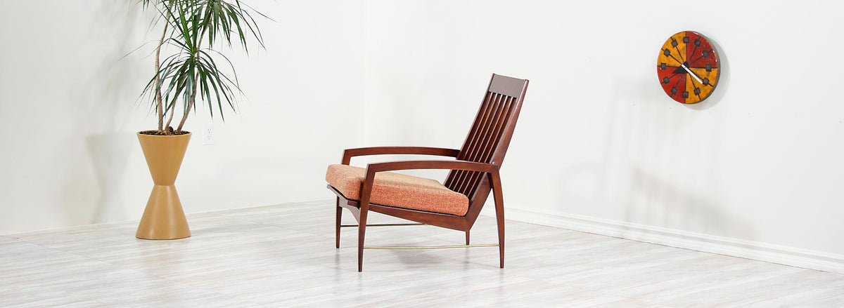 Danish Modern High-Back Lounge Chair with Brass Accents