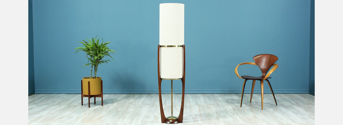 Mid-Century Sculptural Walnut & Brass Floor Lamp by Modeline