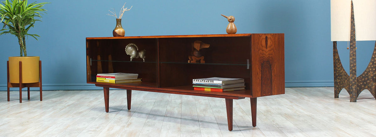 Danish Modern Low-Profile Rosewood Bookcase with Glass Doors