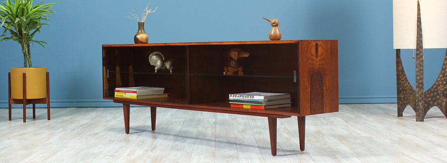 Danish Modern Low-Profile Rosewood Bookcase with Glass Doors