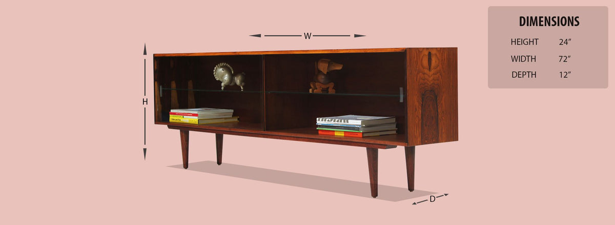 Danish Modern Low-Profile Rosewood Bookcase with Glass Doors