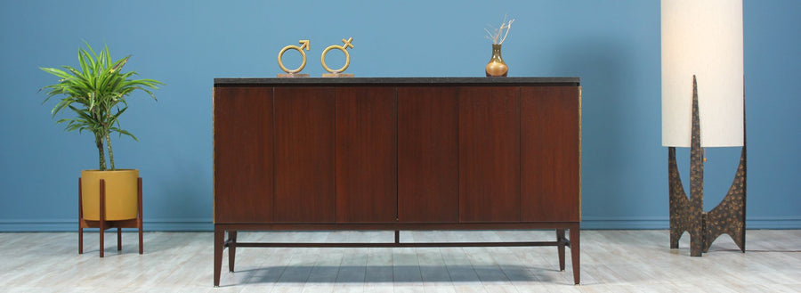 Paul McCobb “Irwin Collection” Credenza with Bi-Folding Doors & Black Marble Top