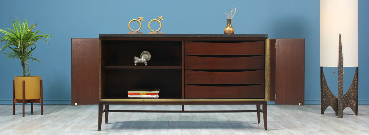 Paul McCobb “Irwin Collection” Credenza with Bi-Folding Doors & Black Marble Top