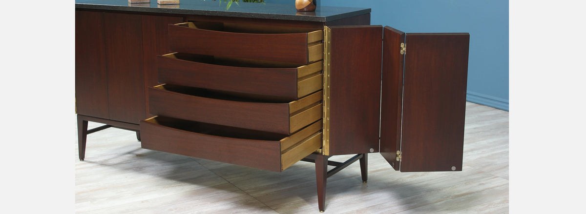 Paul McCobb “Irwin Collection” Credenza with Bi-Folding Doors & Black Marble Top