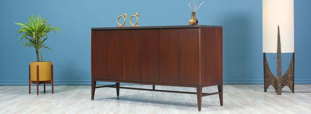 Paul McCobb “Irwin Collection” Credenza with Bi-Folding Doors & Black Marble Top