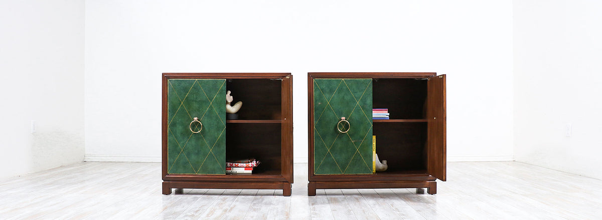 Tommi Parzinger Green Leather Front Cabinets With Brass Pulls for Charak Modern