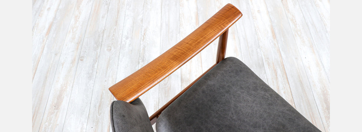 Norwegian Modern Sculpted Teak & Leather Arm Chairs by Gerhard Berg