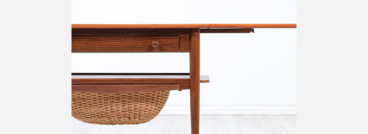 Danish Modern Expanding Teak Sewing Table with Basket