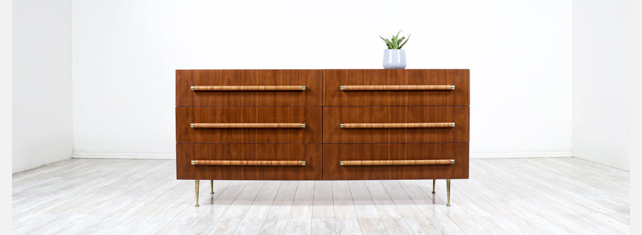 T.H. Robsjohn-Gibbings Dresser with Brass & Cane Accents for Widdicomb