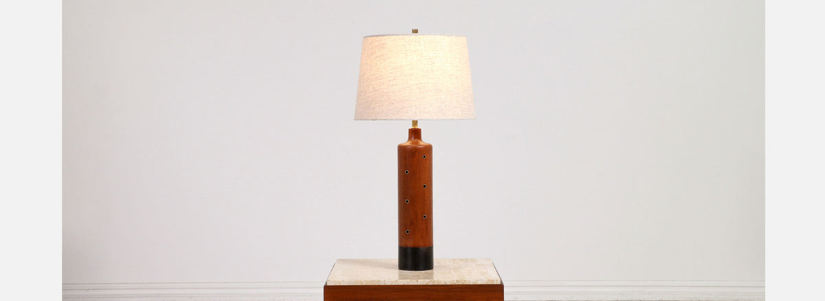 Danish Modern Teak & Leather Table Lamp with Brass Inlaid by H. Paaske