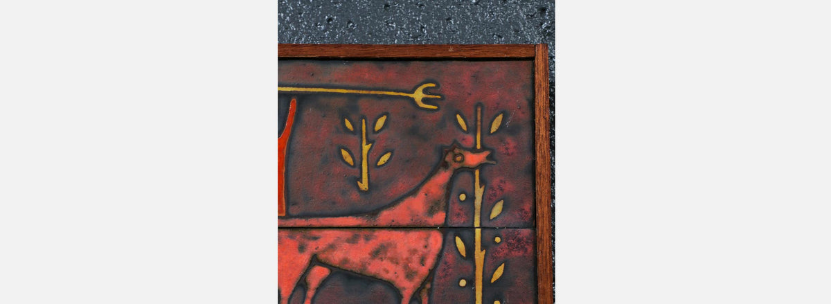 Mid-Century Studio Ceramic Plaque w/ Primitivist Animal & Hunting Motifs