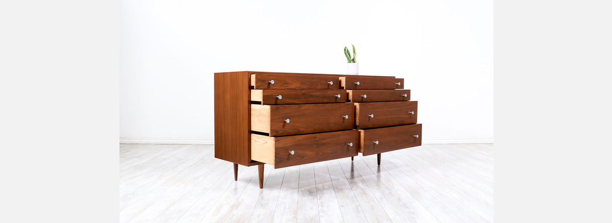 California Modern Walnut Dresser with Tulip Style Pulls by Milo Baughman