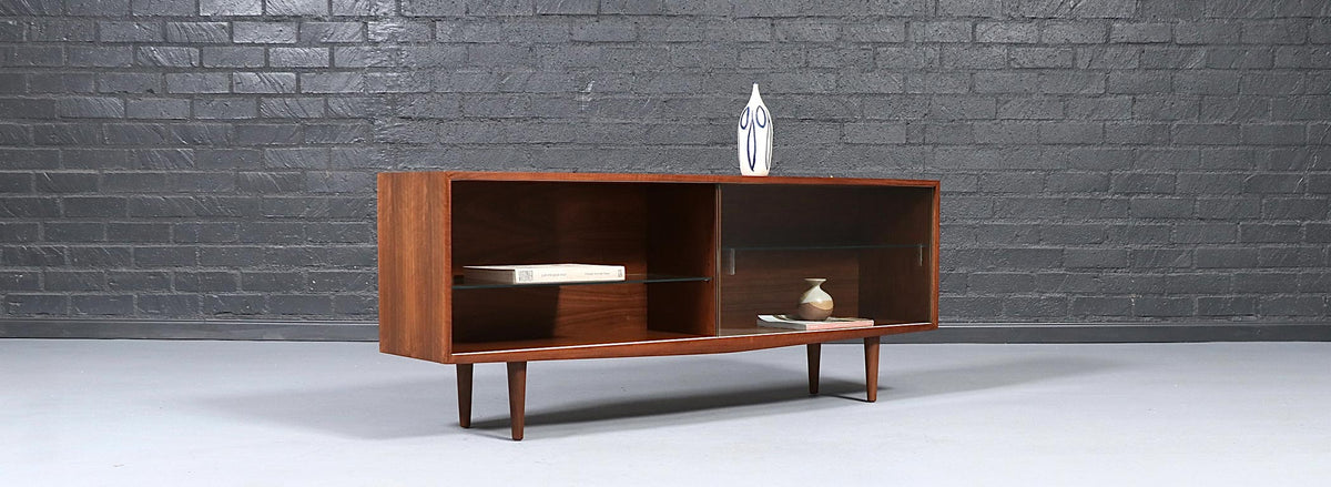Mid Century Modern Low Walnut & Glass Bookcase Credenza