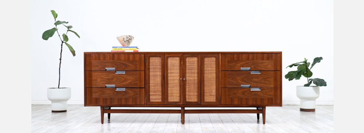 Merton Gershun Walnut & Cane Dresser with Bi-Folding Doors for American of Martinsville
