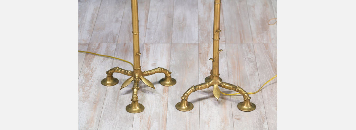 Pair of Mid-Century Faux Bamboo Brass Floor Lamps