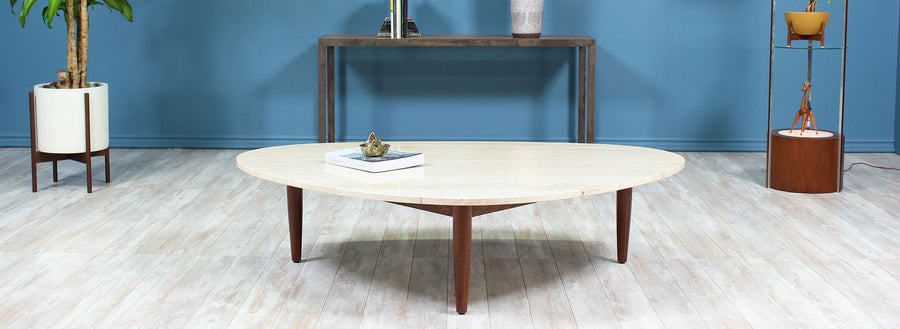 Mid-Century Modern Triangular Travertine Top Coffee Table