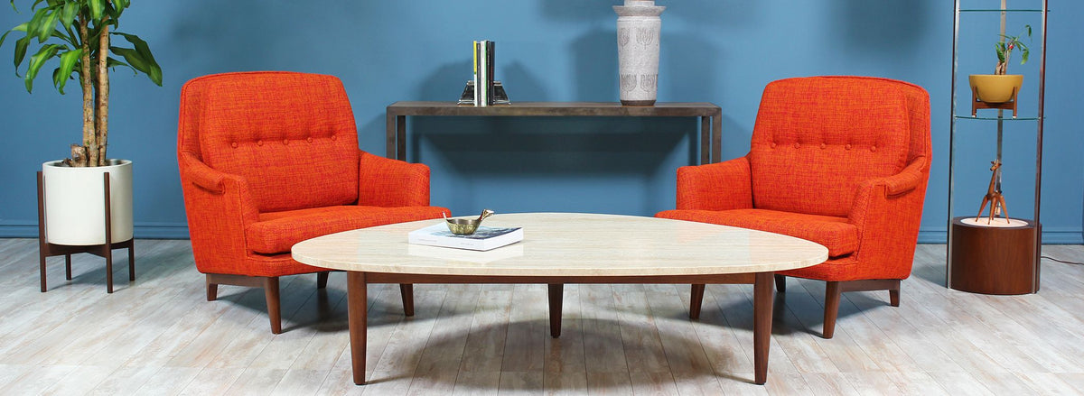 Mid-Century Modern Triangular Travertine Top Coffee Table