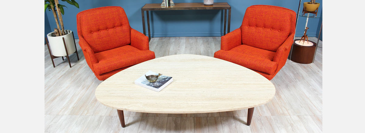 Mid-Century Modern Triangular Travertine Top Coffee Table