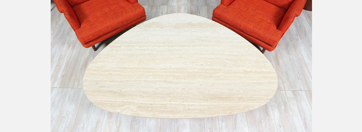 Mid-Century Modern Triangular Travertine Top Coffee Table