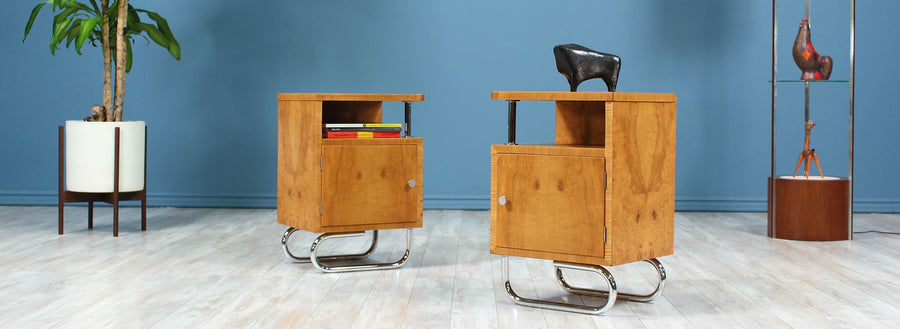 Bauhaus Style Chrome & Burlwood Night Stands